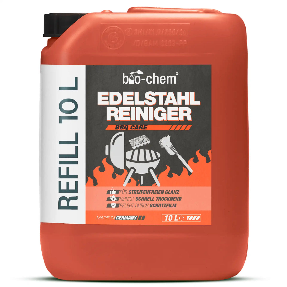 Edelstahlreiniger für Grill, Küche und Edelstahlflächen – Flasche mit Sprühkopf vor weißem Hintergrund