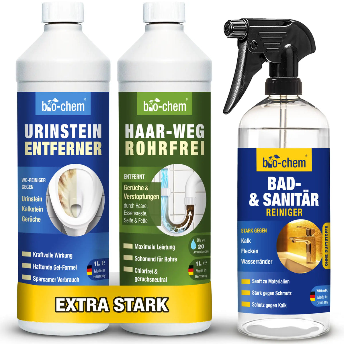Power-Trio mit Badreiniger, Rohrreiniger und Urinsteinentferner von bio‑chem – Artikel 900006
