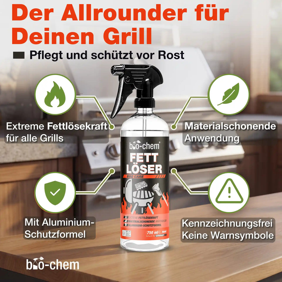 bio-chem BBQ Care Fettlöser Vorteile: Aluminium-Schutzformel, Rostschutz und materialschonende Anwendung.