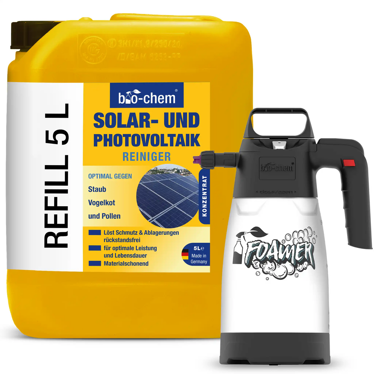 Solar- und Photovoltaik-Reiniger 5 Liter Nachfüllkanister mit Foamer Sprühsystem für effektive Reinigung