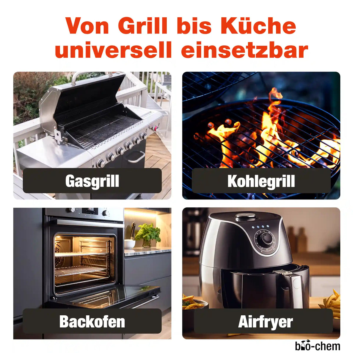 Universeller Einsatz des Fettlösers für Gasgrill, Kohlegrill, Backofen und Airfryer – bio-chem BBQ Care Anwendung.
