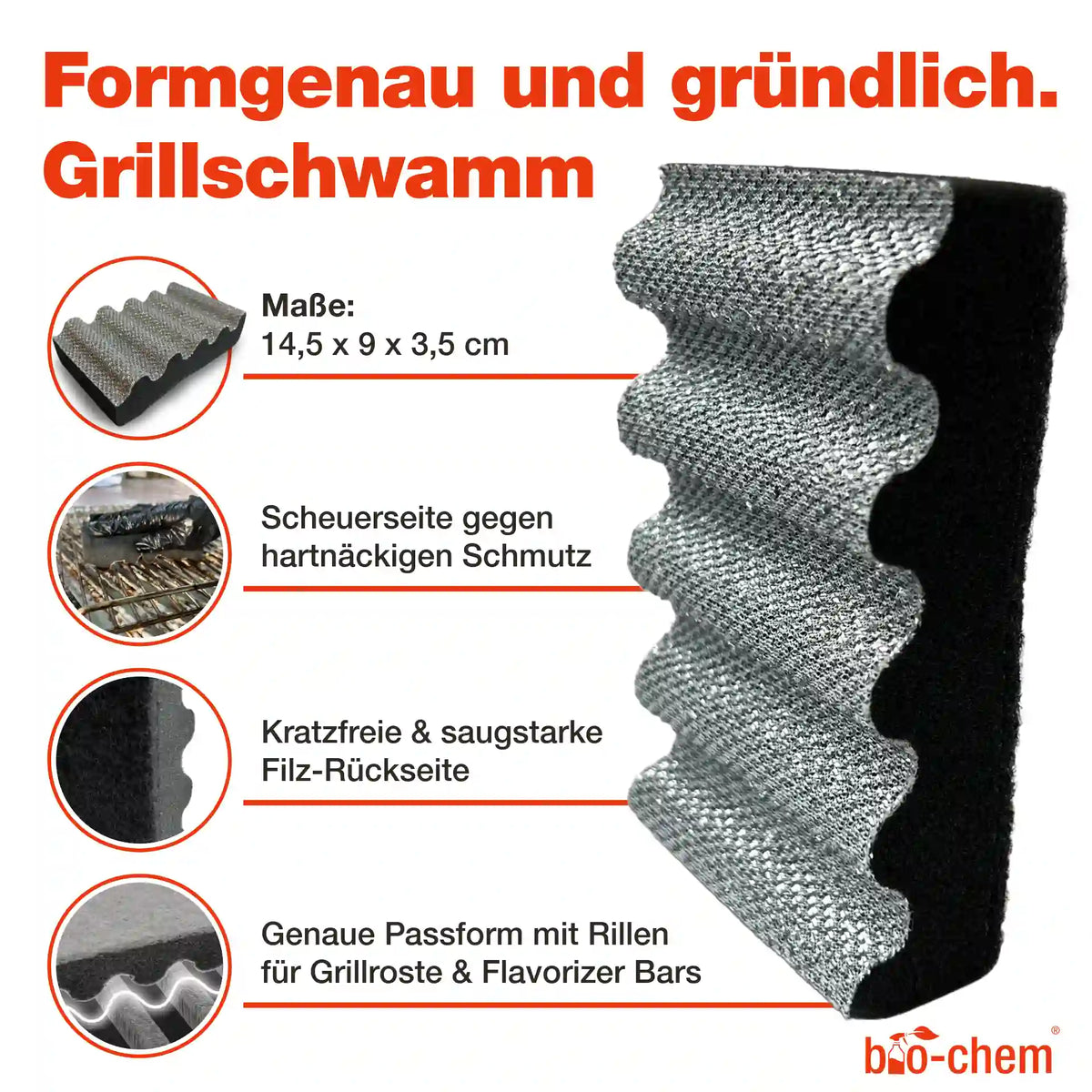 Ergonomischer bio-chem Grillschwamm mit Rillenprofil für Grillroste, Scheuerseite und saugstarker Filz-Rückseite.