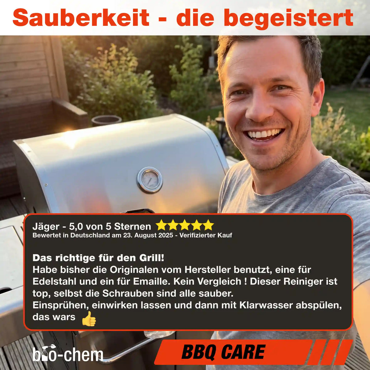Positive bio-chem Grillreiniger Erfahrung: 5-Sterne Kundenbewertung für saubere Ergebnisse am Edelstahlgrill.