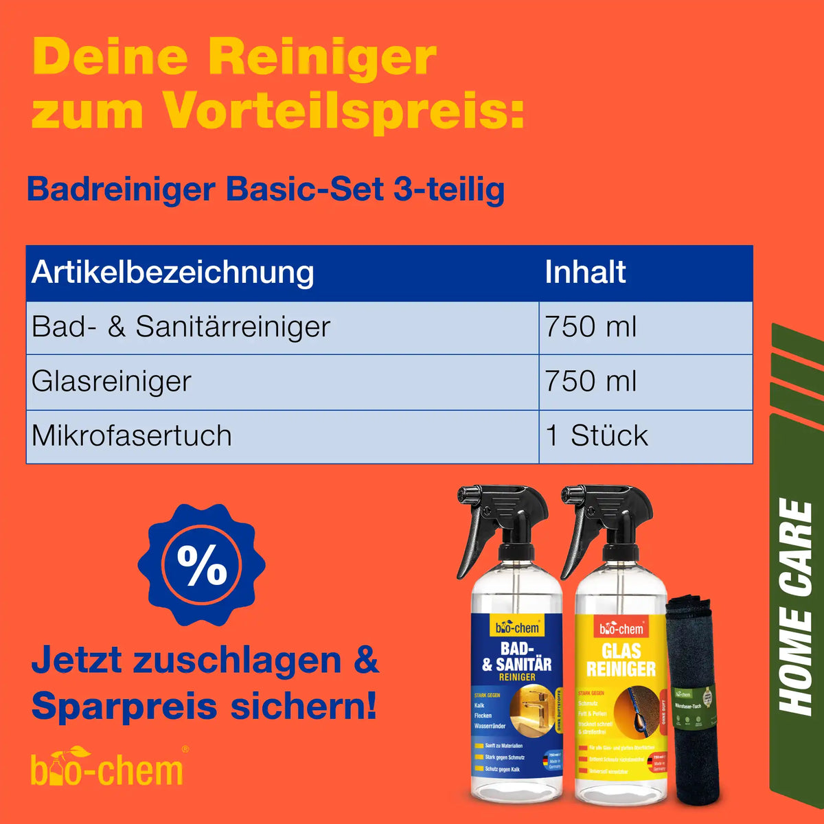3-teiliges Set mit Badreiniger, Glasreiniger und Mikrofasertuch – zum Vorteilspreis – Artikel 9000164