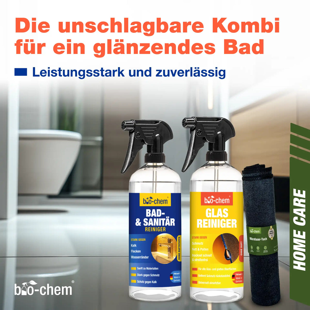 Set-Abbildung: Badreiniger, Glasreiniger und Mikrofasertuch von bio‑chem – Artikel 9000164