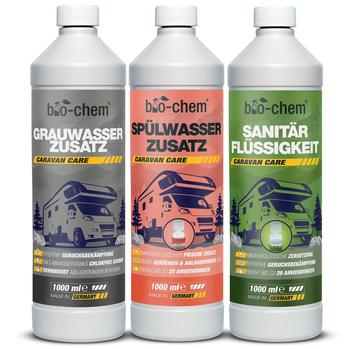 Caravan Hygiene-Trio mit Grauwasserzusatz, Spülwasserzusatz und Sanitärflüssigkeit von bio-chem