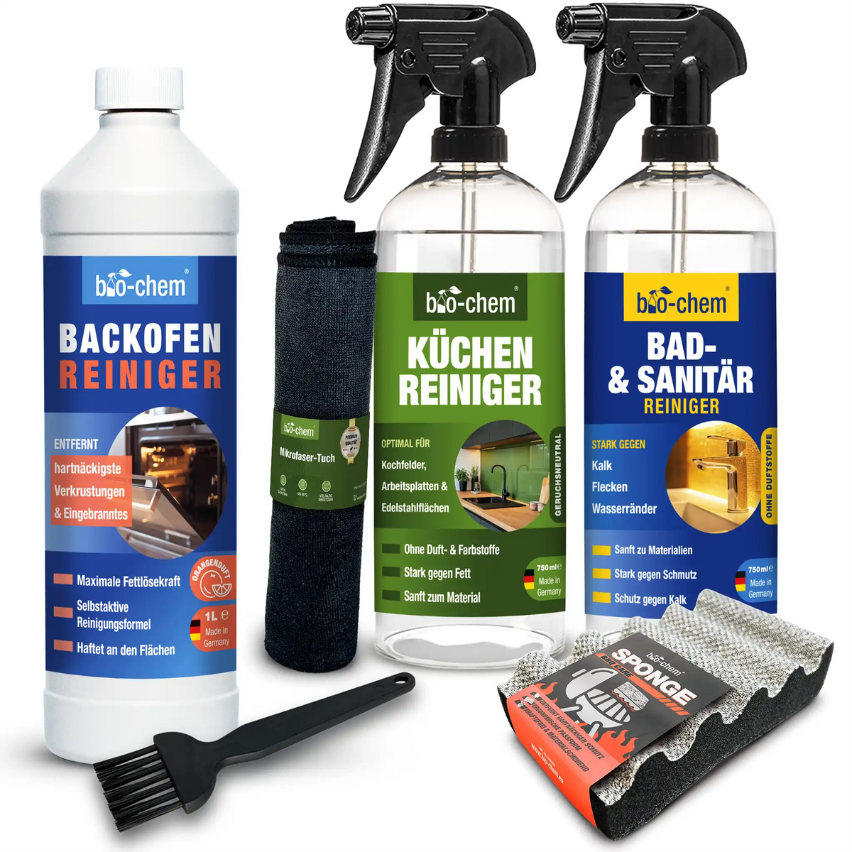 bio-chem Reinigungsset – Backofenreiniger, Küchenreiniger und Bad- & Sanitärreiniger inklusive Pinsel, Mikrofasertuch und Grillreinigungsschwamm