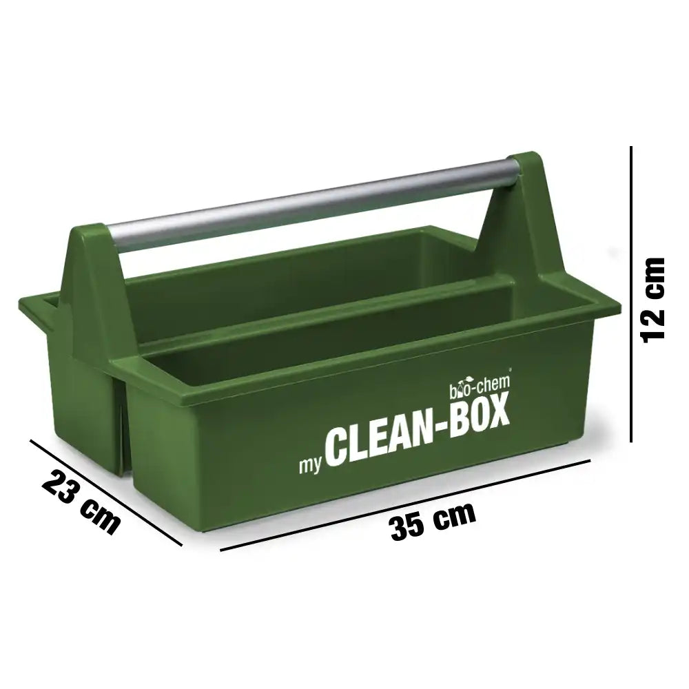 Grüne Bio-Chem Clean-Box mit silbernem Griff, Abmessungen 35×23×12 cm, ideal zur Aufbewahrung von Reinigungsmitteln