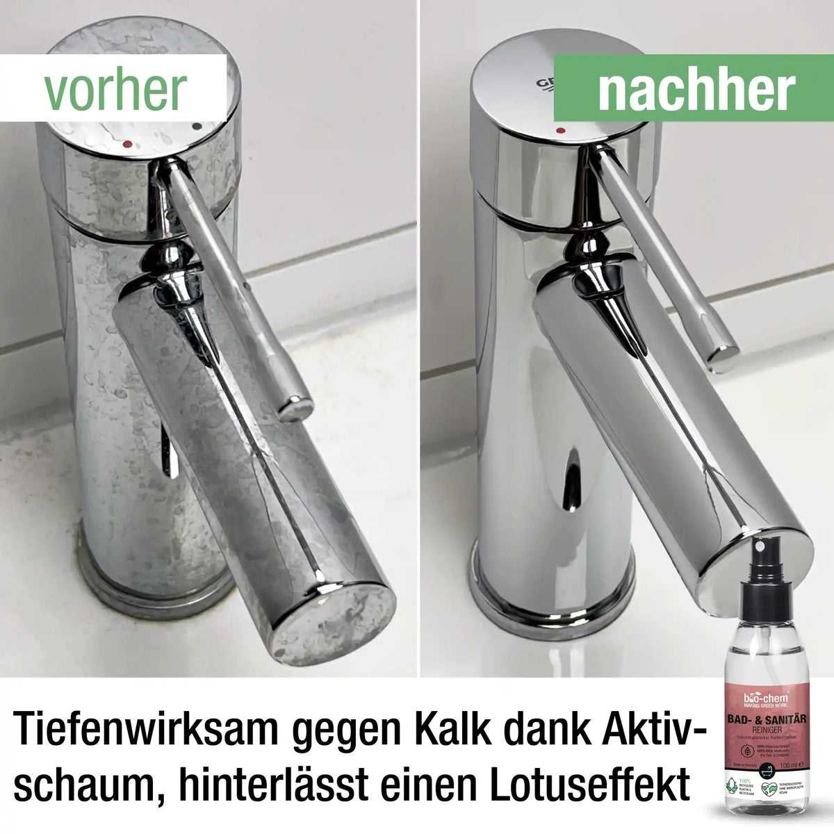 Vergleichsbild Wasserhahn mit Kalkablagerungen vor der Reinigung und glänzendem Chrom nach der Anwendung des Bad- & Sanitärreinigers