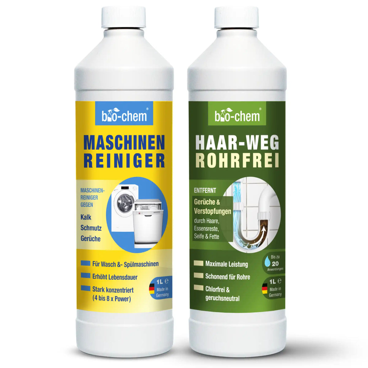 bio-chem Maschinenreiniger und Haar-Weg Rohrfrei – stark gegen Kalk, Schmutz und Verstopfungen