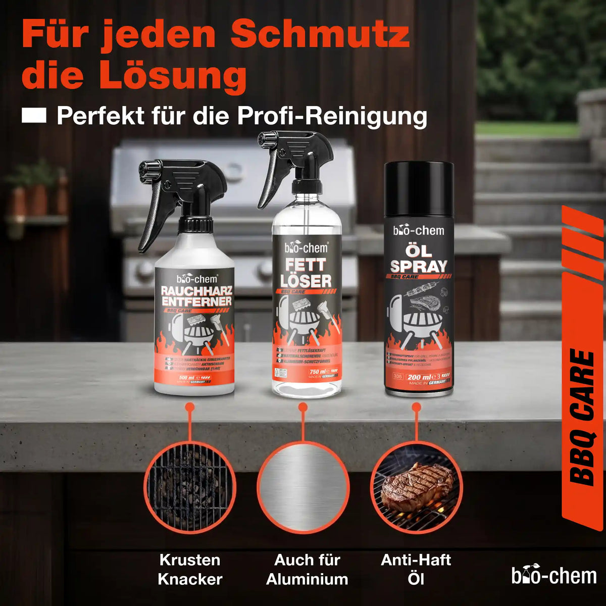 Grillreiniger Set für starke Verschmutzungen löst Fett, Krusten und sorgt für Antihaft Effekt beim Grillen