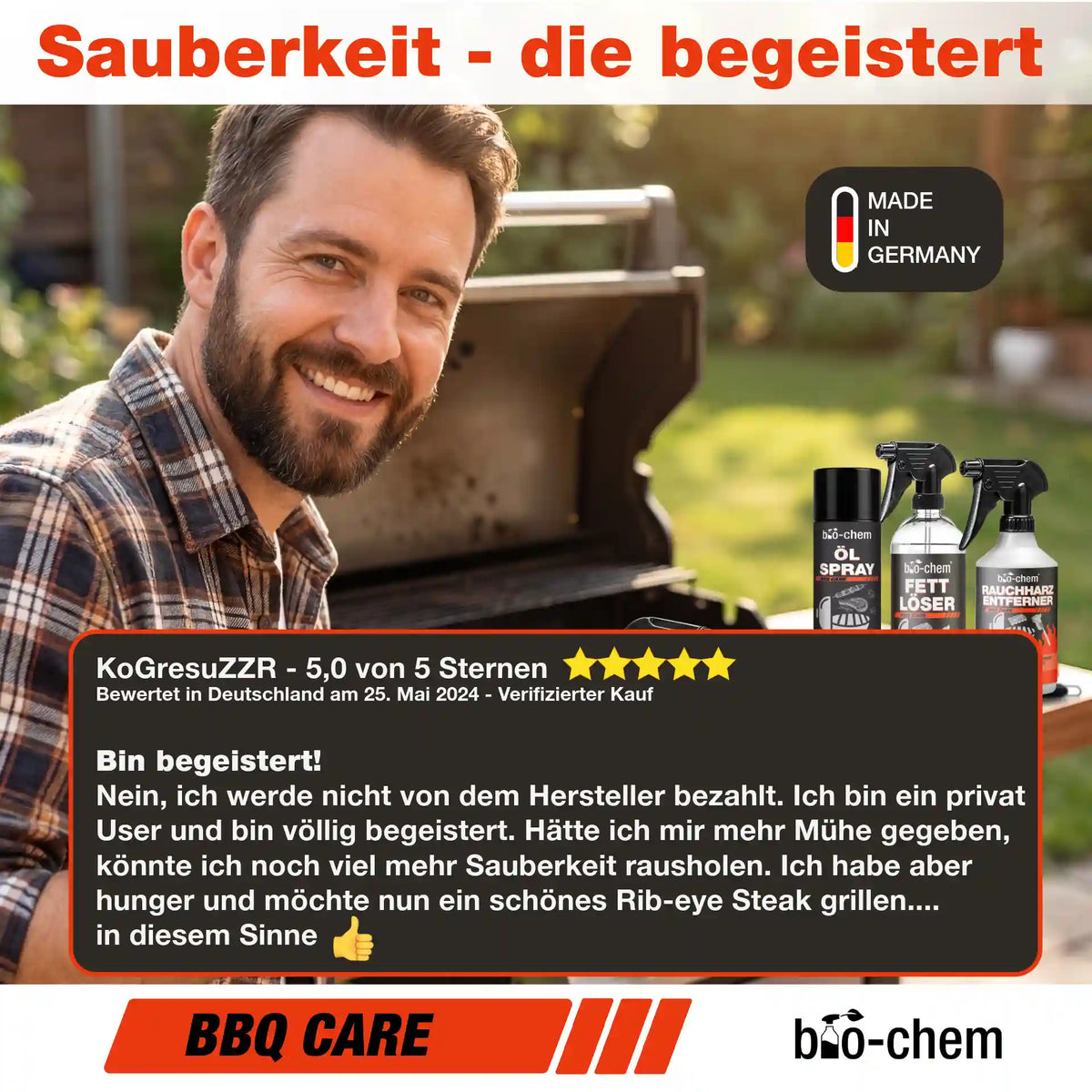 Grill reinigen leicht gemacht mit bio-chem BBQ Reiniger Set Kundenbewertung 5 Sterne Anwendung