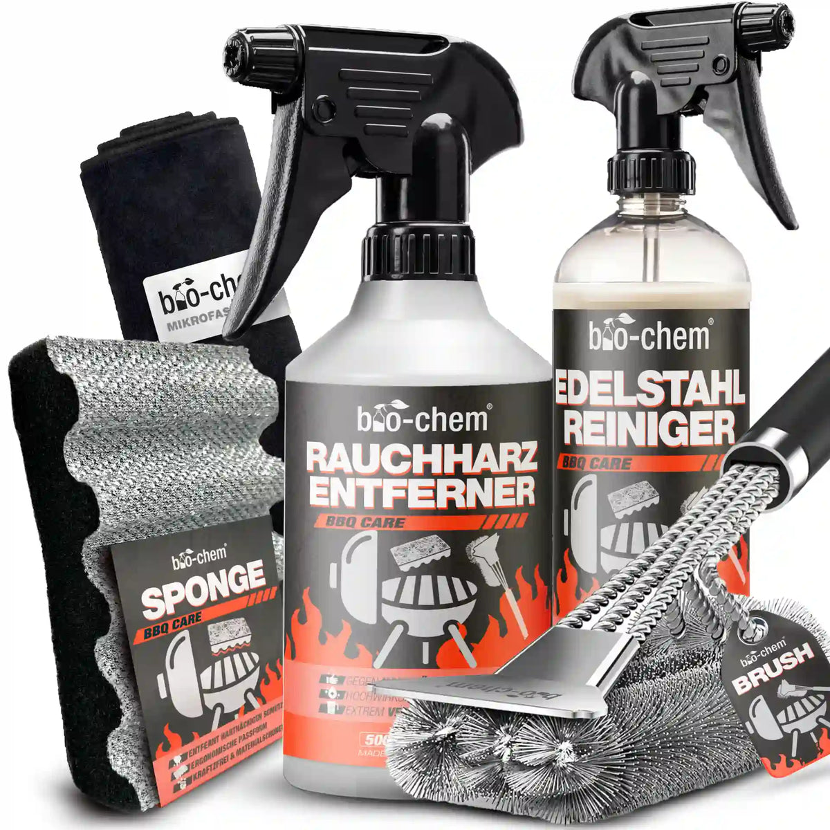 bio-chem BBQ Care Grillreinigungs-Set 4-teilig mit Rauchharz-Entferner, Edelstahl-Reiniger, Grillschwamm und Mikrofasertuch.