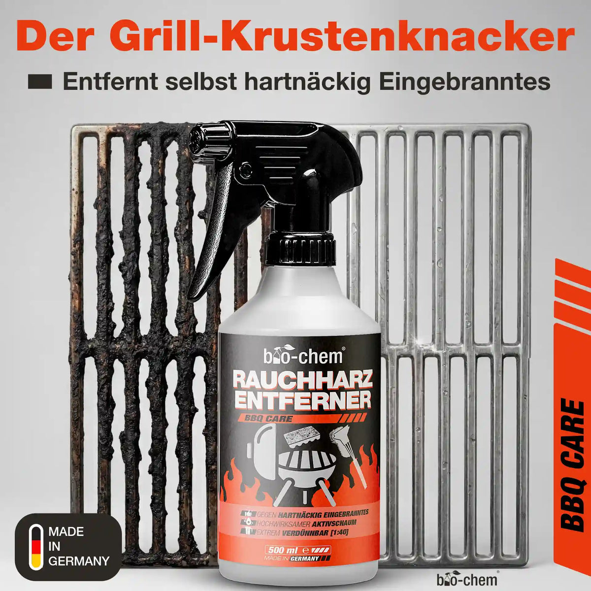 bio-chem Rauchharz-Entferner Krustenknacker reinigt extrem eingebrannte Grillroste – Hochwirksamer Aktivschaum Made in Germany.