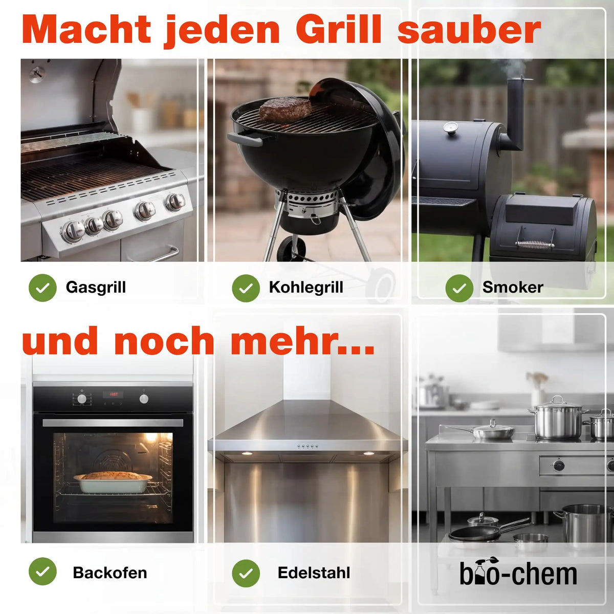Vielseitiger Einsatz des bio-chem Reinigungssets für Gasgrill, Kohlegrill, Smoker, Backofen und Edelstahl-Küchenoberflächen.