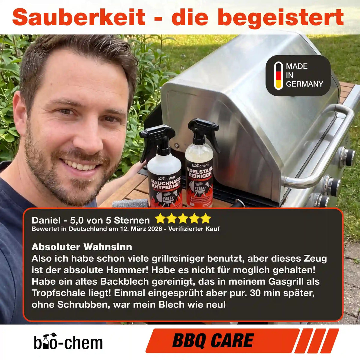 Positive Kundenrezension zum bio-chem Grillreiniger: 5-Sterne-Erfahrung bei der Reinigung verkrusteter Fettrückstände am Edelstahlgrill.