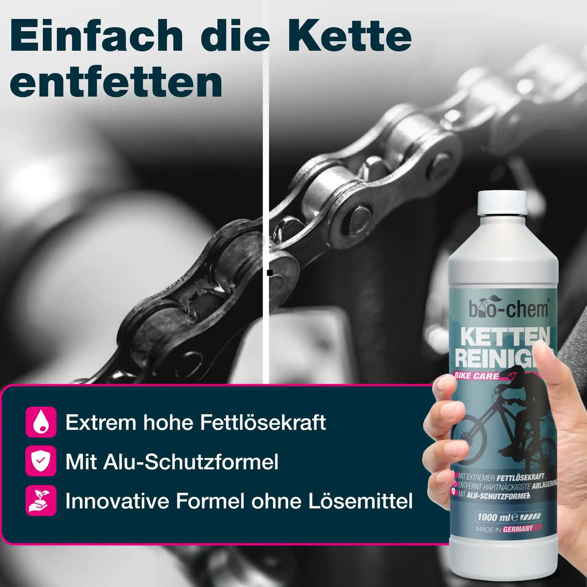 Vorher-Nachher-Vergleich einer entfetteten Fahrradkette mit lösemittelfreiem bio-chem Kettenreiniger.