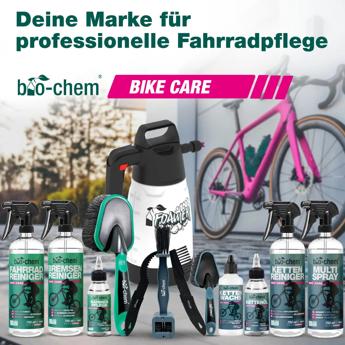 Professionelle bio-chem Fahrradpflege-Produkte wie Reiniger, Kettenöl und Pflegesprays für E-Bikes und Räder