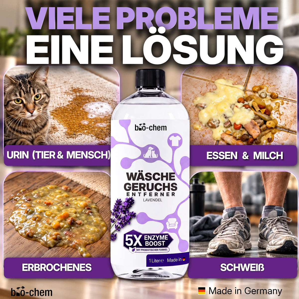 bio-chem Enzymreiniger für Wäsche gegen Uringeruch, Tiergerüche, Schweiß und Rückstände von Erbrochenem, Essen und Milch