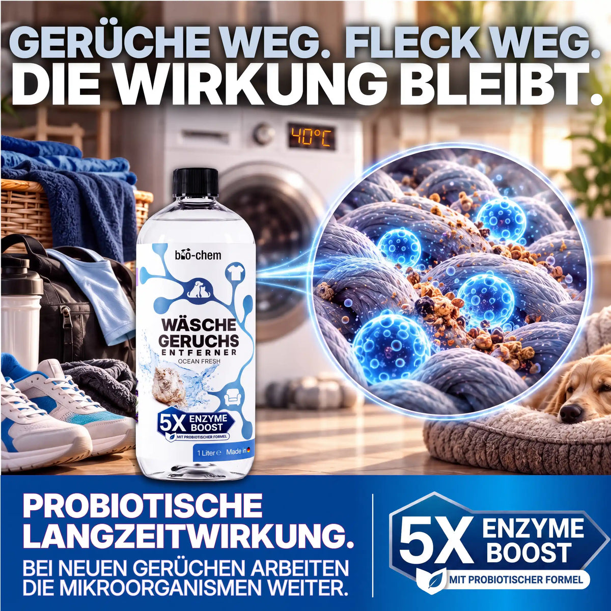 bio-chem Wäsche-Geruchsentferner Ocean Fresh 1 Liter mit 5X Enzyme Boost für probiotische Langzeitwirkung und langanhaltende Frische in der Wäsche.