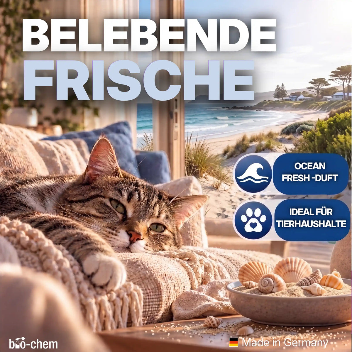 Belebende Frische mit Ocean Fresh-Duft, ideal für Tierhaushalte geeignet.