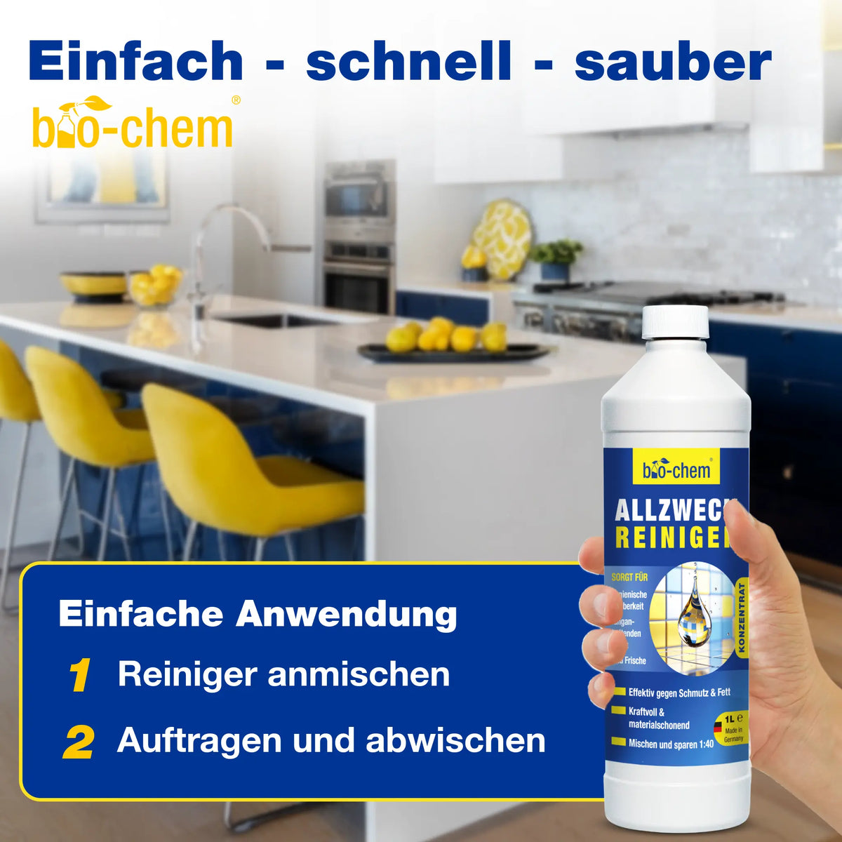 Allzweckreiniger von bio‑chem – einfach anzumischen, aufzutragen und abzuwischen, ideal für die Küche