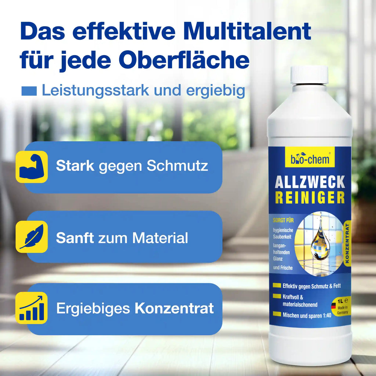 Allzweckreiniger von bio‑chem – stark gegen Schmutz, sanft zum Material, ergiebiges Konzentrat für alle Oberflächen