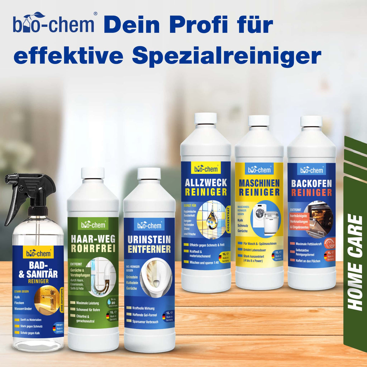 Sortiment von bio‑chem: Allzweckreiniger, Bad‑ & Sanitärreiniger, Urinsteinentferner, Maschinen‑ und Backofenreiniger