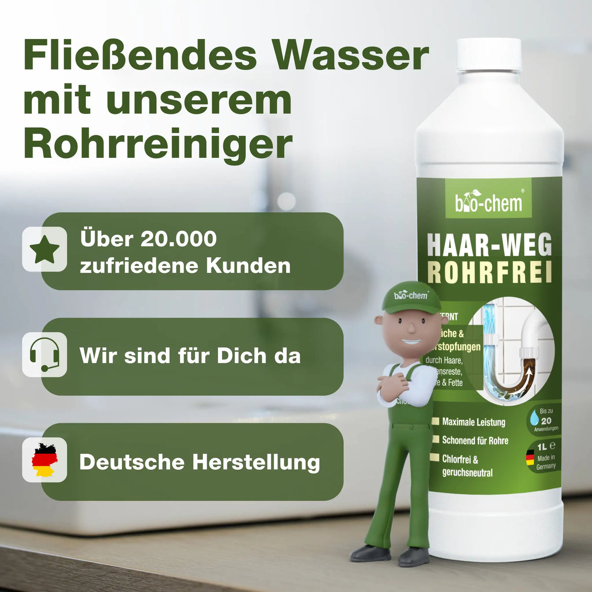 bio-chem Cartoonfigur mit Produktflasche und USPs wie „Deutsche Herstellung“, „Kundenzufriedenheit“