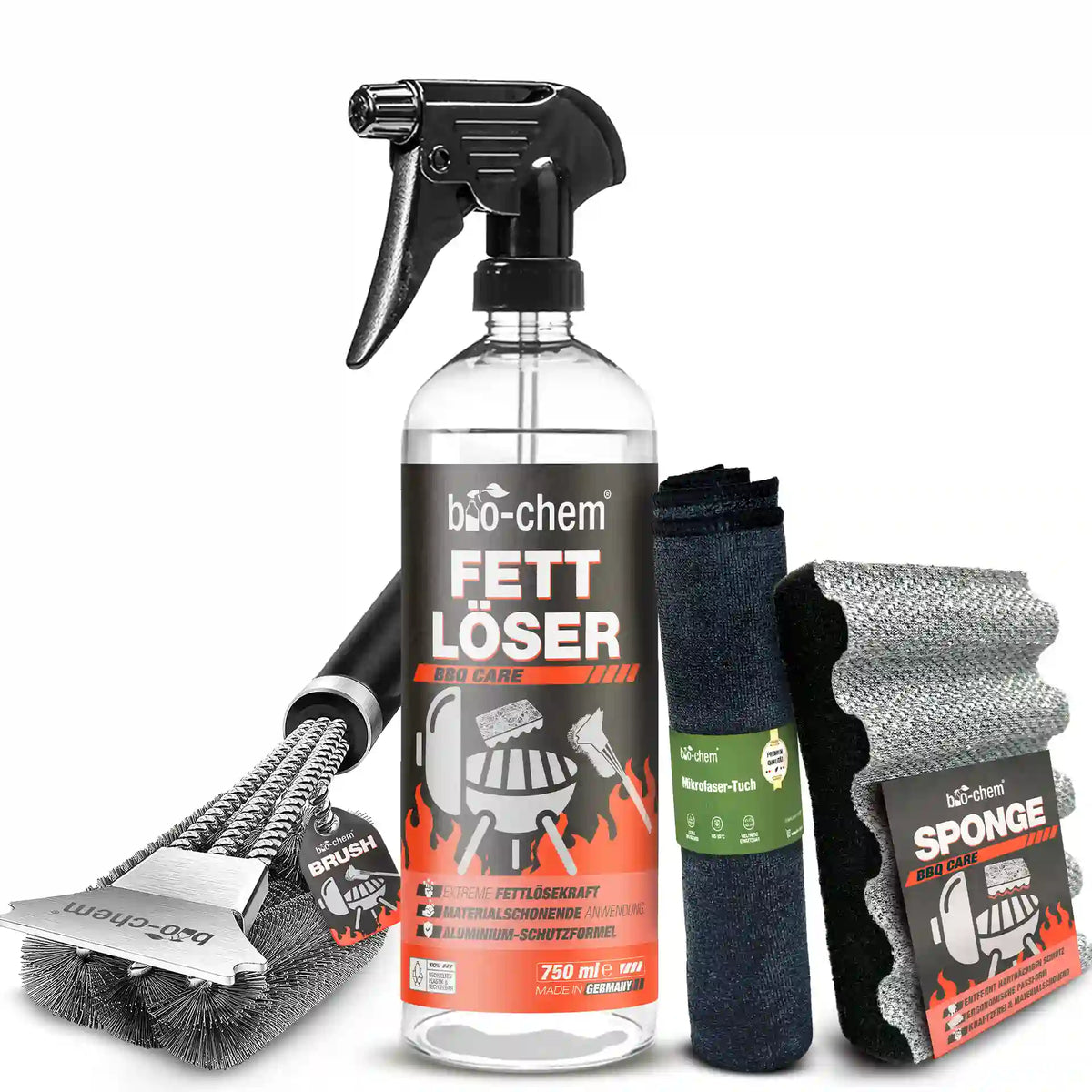 bio-chem BBQ Care Reinigungs-Set mit 750ml Fettlöser, Edelstahl-Grillbürste, Mikrofasertuch und Grillschwamm.