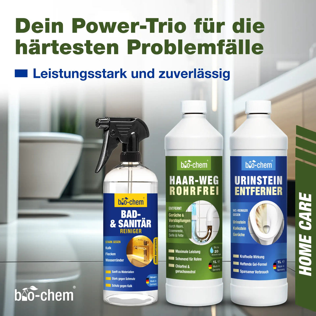 Extra starkes Set für das Badezimmer – 3 bio‑chem Spezialreiniger – Artikel 900006