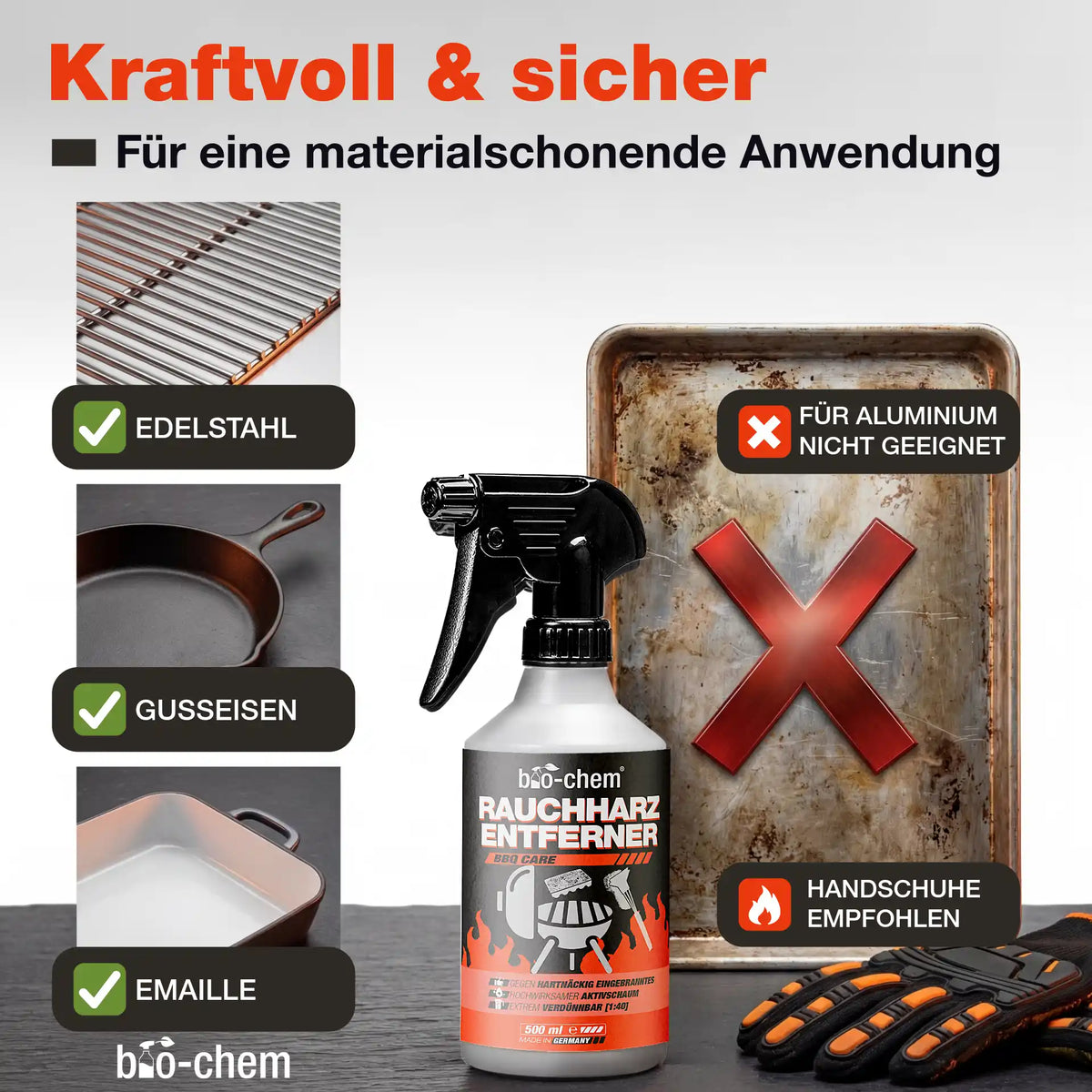 Grillreiniger geeignet für Edelstahl, Gusseisen und Emaille mit Sicherheitshinweis für Aluminium