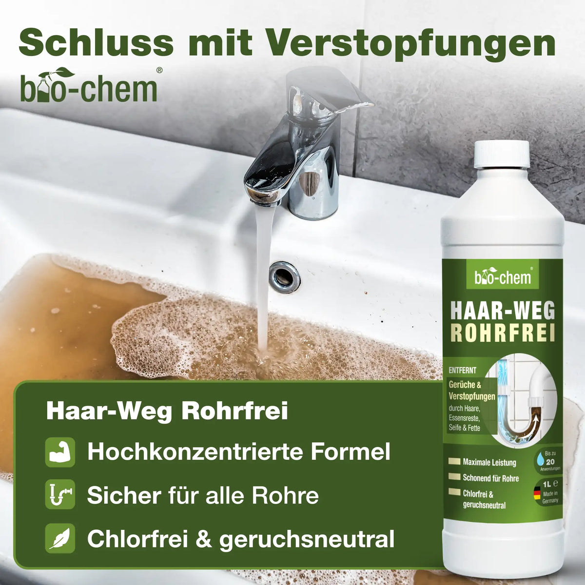 Haar-Weg Rohrfrei bei Verstopfungen – chlorfrei und sicher für alle Rohre – Artikel 900006