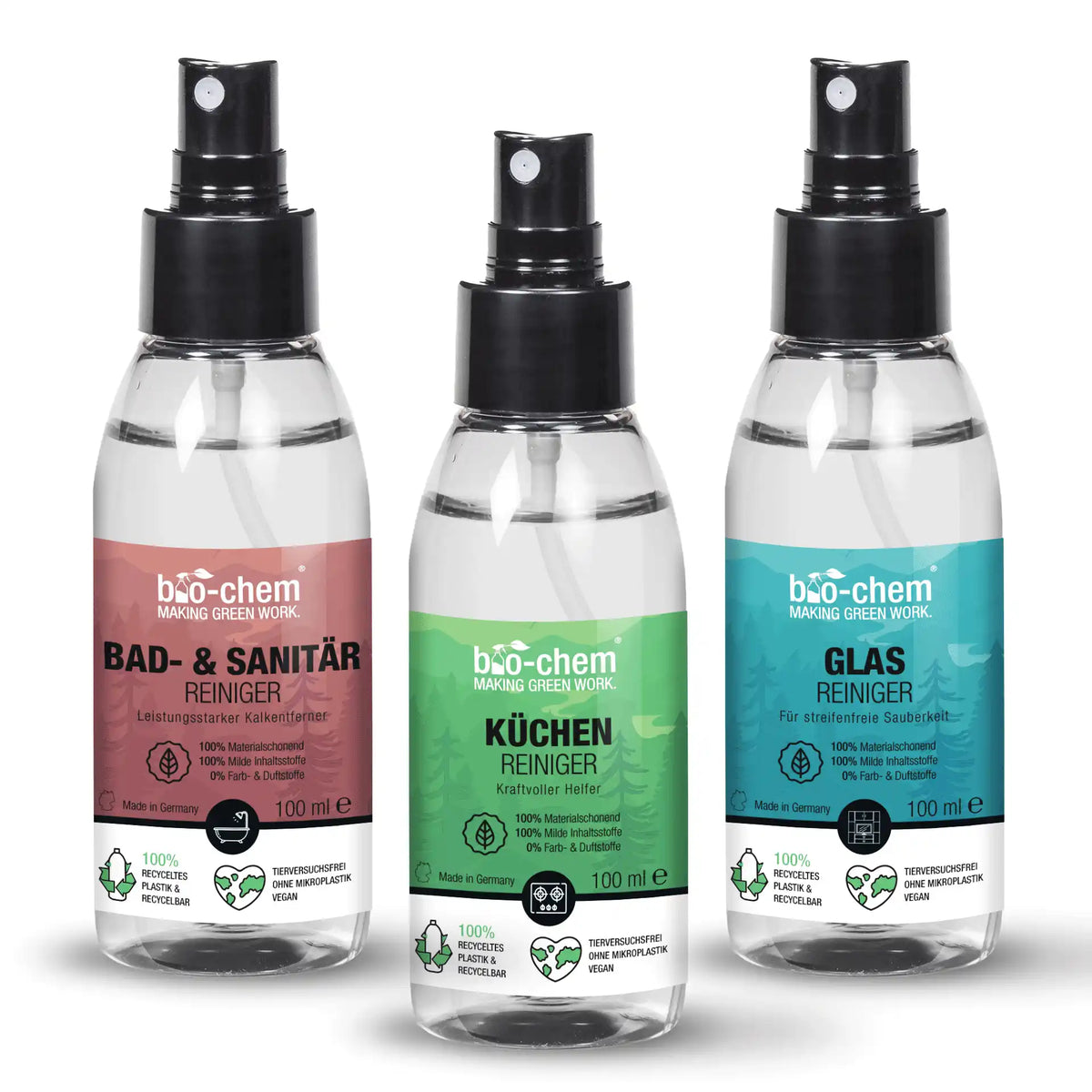 bio-chem Bad- &amp; Sanitärreiniger, Küchenreiniger und Glasreiniger, 100 ml, 100% Materialschonend, Vegan