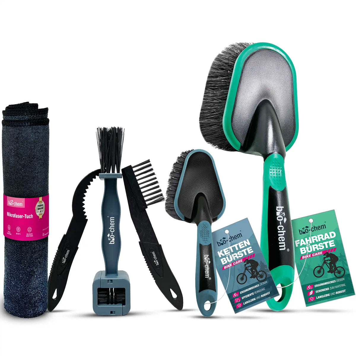 Set aus Mikrofaser-Tuch, 4D-Kettenbürste, Ritzelbürste, Kettenbürste und Profi-Fahrradbürste mit Produktanhängern