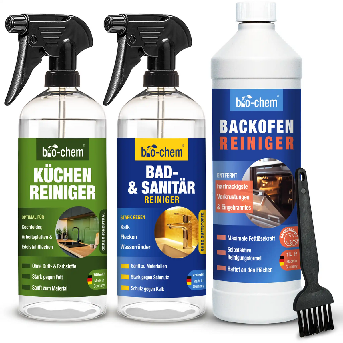 bio-chem Küchenreiniger, Bad- &amp; Sanitärreiniger und Backofenreiniger – Starke Reinigungsmittel für Küche, Bad und Backofen, inkl. Pinselaufsatz
