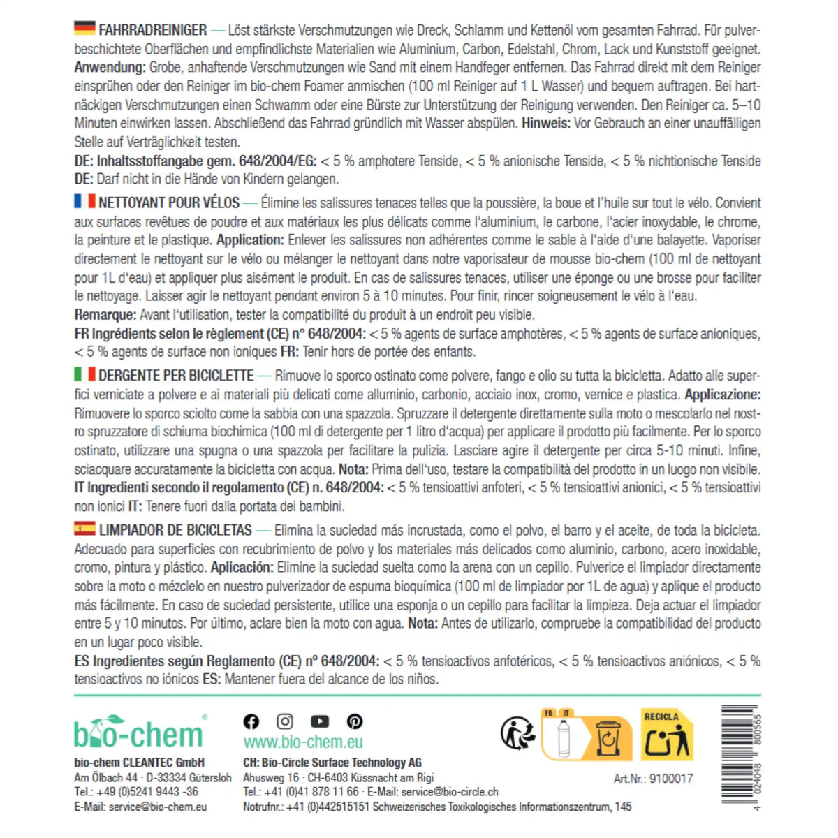 bio-chem Fahrradreiniger Hinweis