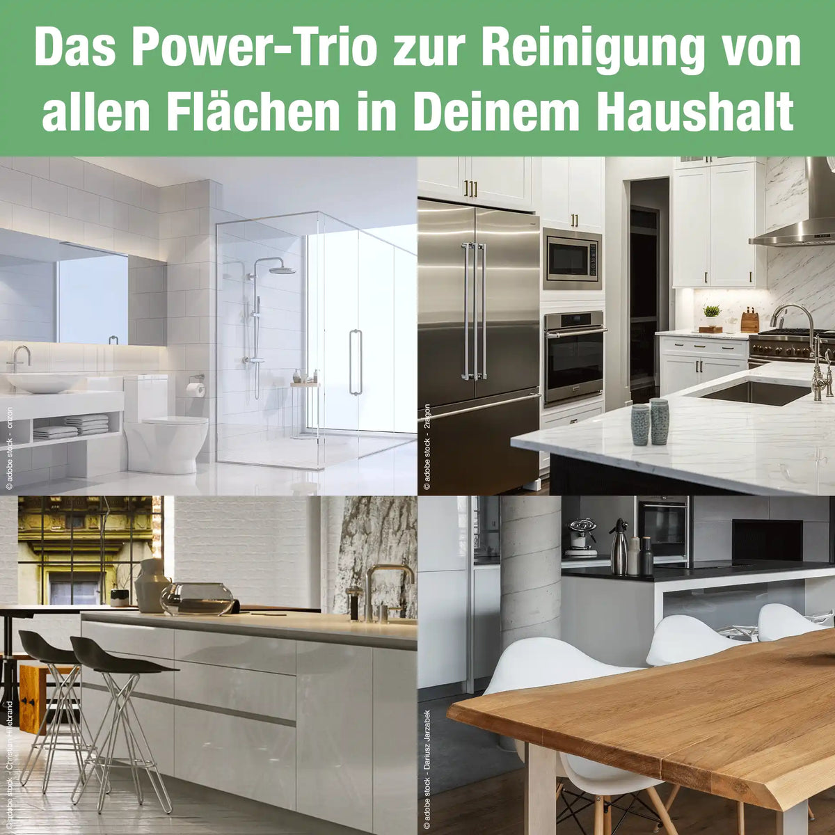 Collage mit Bad, Dusche, Küche, Edelstahlflächen und Esstisch als Einsatzbereiche für das bio-chem Reiniger-Set