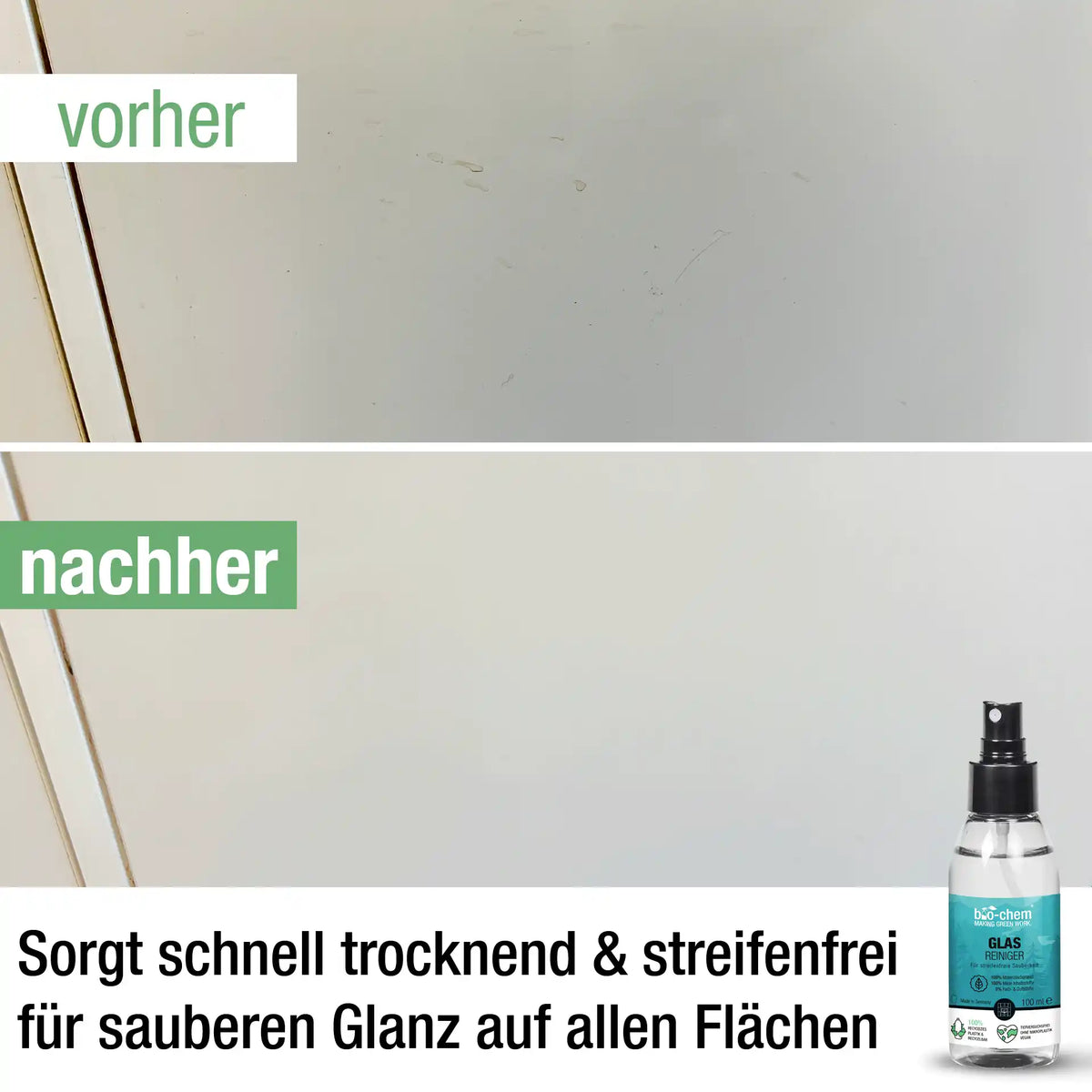 Vergleichsbild matte, verschmutzte Oberfläche vor der Reinigung und streifenfreier Glanz nach Anwendung des Glasreinigers