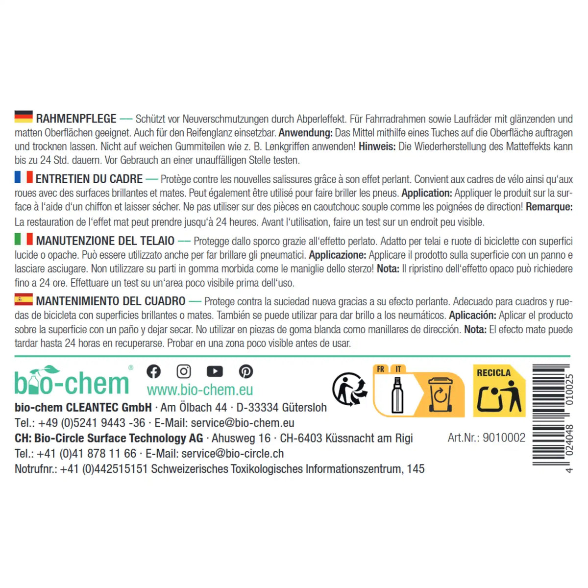 bio-chem Rahmenpflege Hinweis