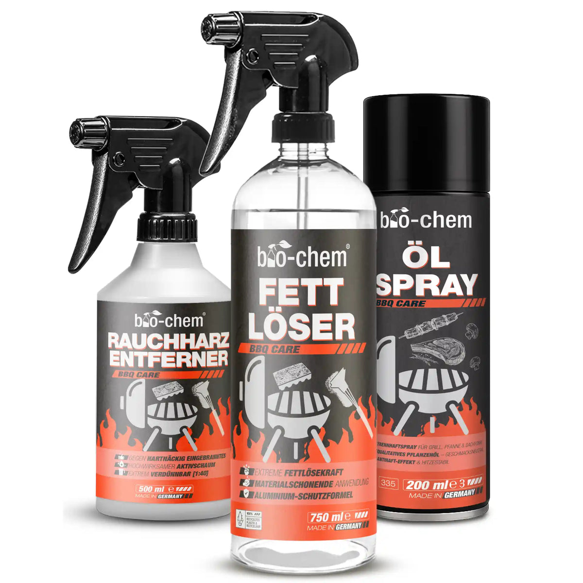 Grillreiniger Set 3-teilig bio-chem mit Fettlöser, Rauchharzentferner und Öl-Spray für BBQ Reinigung