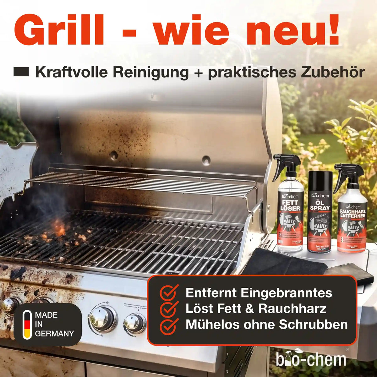 Grill reinigen wie neu mit Grillreiniger Set entfernt eingebranntes Fett und Rauchharz ohne Schrubben