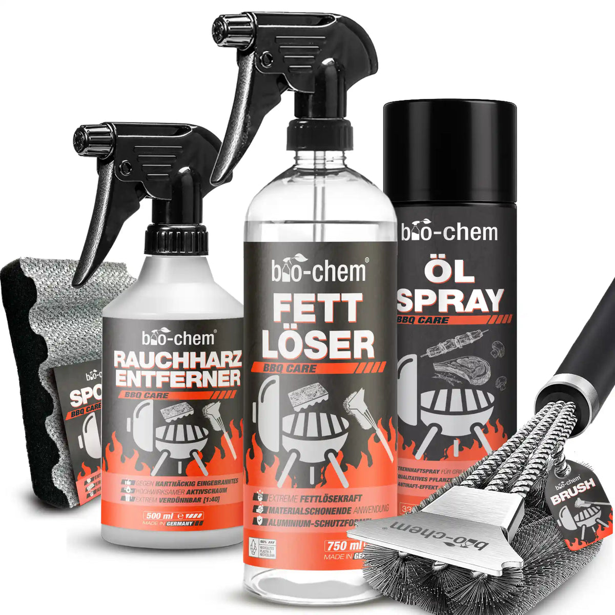 Grillreiniger Set 5-teilig bio-chem mit Fettlöser, Rauchharzentferner, Öl Spray, Grillbürste und Schwamm