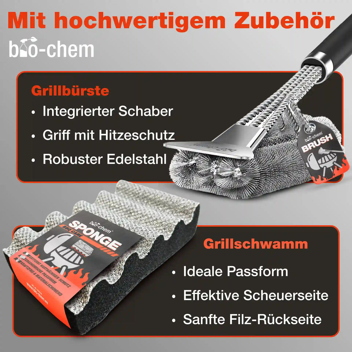 Grillbürste mit Schaber und Grillschwamm für gründliche Reinigung von Grillrost und BBQ Zubehör Set