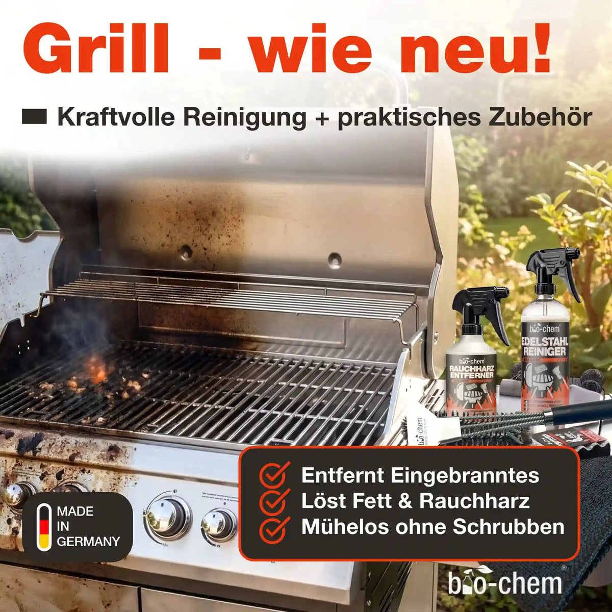 Effektive Grillreinigung am Gasgrill mit bio-chem: Vorher-Nachher-Vergleich zeigt Entfernung von eingebranntem Fett und Rauchharz.