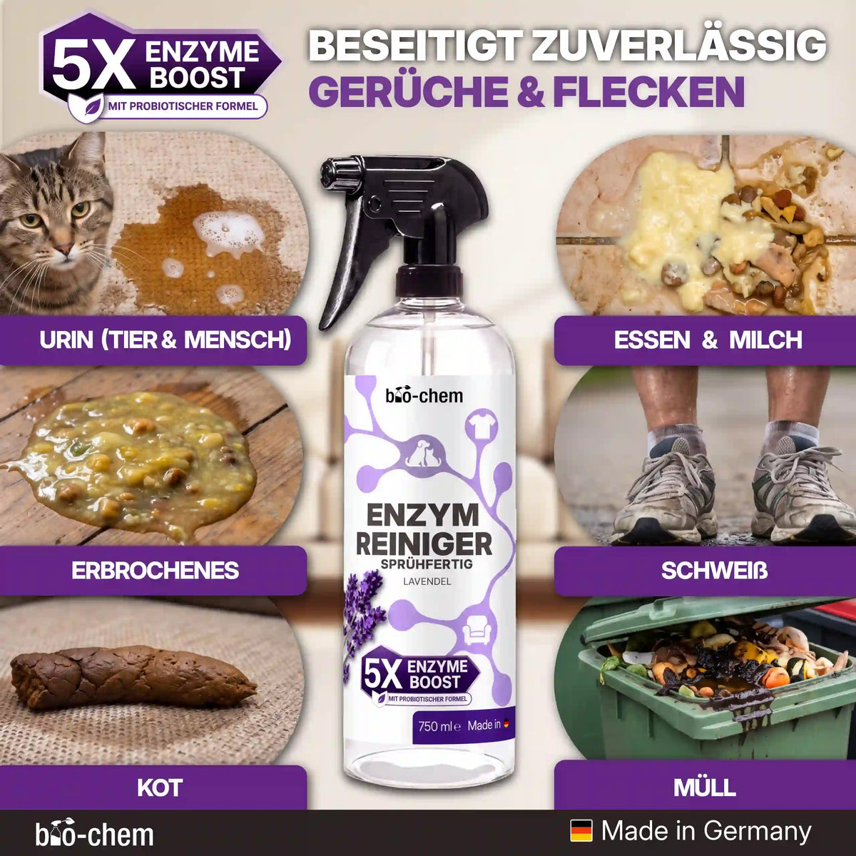 bio-chem Enzymreiniger beseitigt zuverlässig Gerüche und Flecken von Tierurin, Essen, Erbrochenem, Schweiß und Müll[cite: 129].