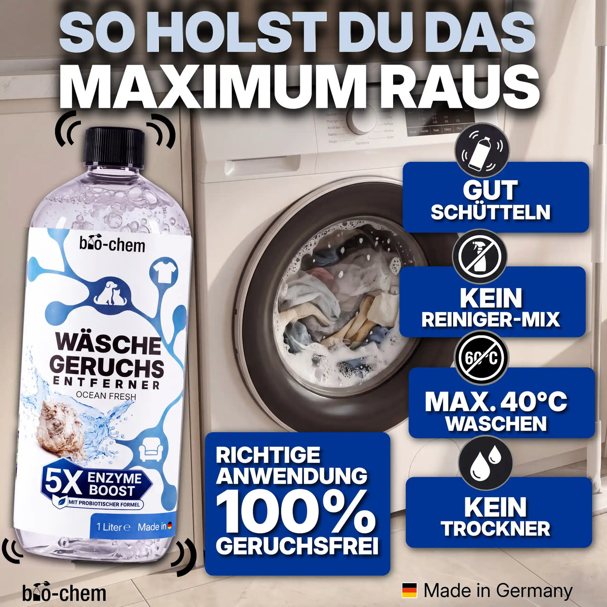 Richtige Anwendung in der Waschmaschine: Gut schütteln, nicht mit anderen Reinigern mischen, maximal 40°C Waschtemperatur und kein Trockner.