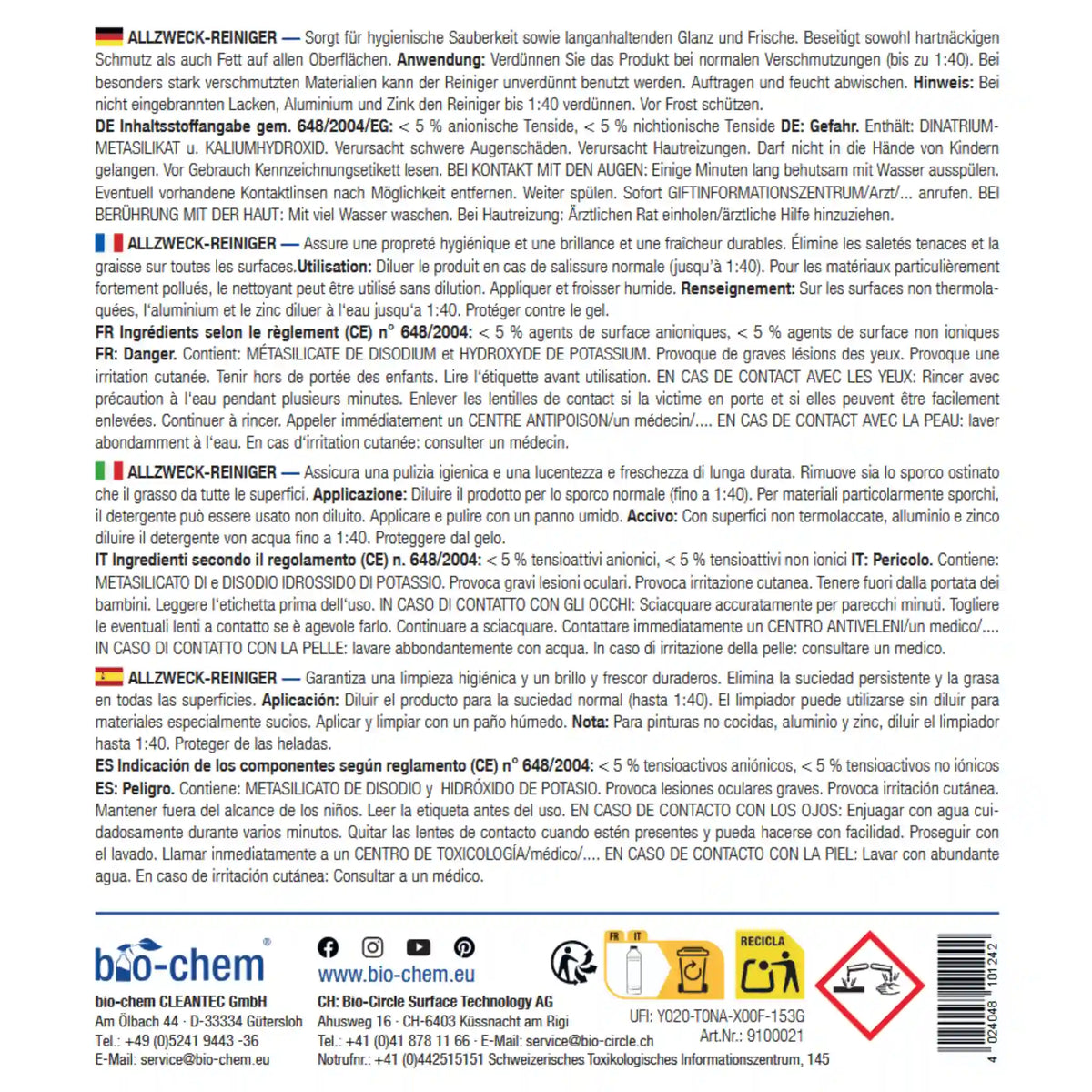 Etikett des Allzweckreinigers von bio‑chem mit Anwendungshinweisen, Inhaltsstoffen und Sicherheitsinformationen