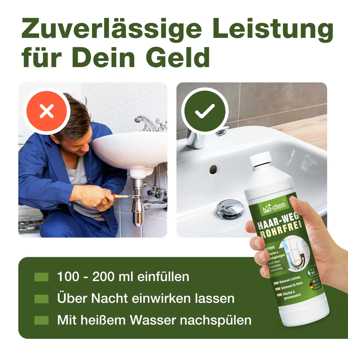 Anleitung mit Produktanwendung: einfüllen, einwirken lassen, nachspülen – Bild mit Waschbecken und Hand mit Flasche