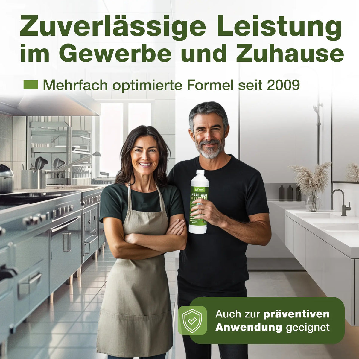 Zwei Personen mit Produktflasche in moderner Küche und Badumgebung – geeignet für professionelle und private Nutzung